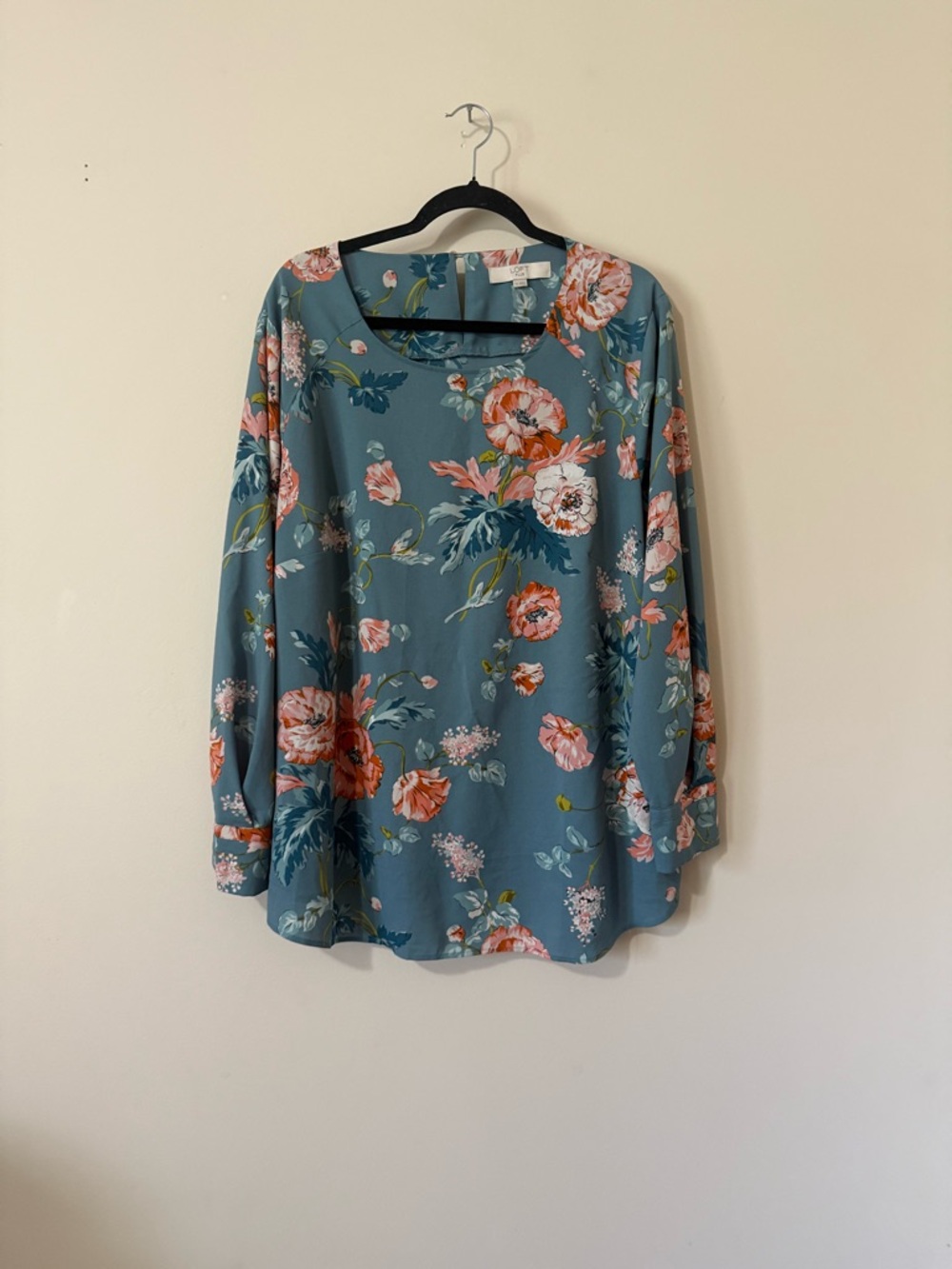 LOFT Teal Floral Long-Sleeve Blouse with Pink & Coral Blooms